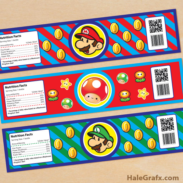 12 Super Mario Brothers Birthday Party Water Bottle Wrappers Stickers Label Bros